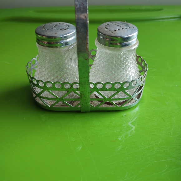 Vintage Glass Salt and Pepper Shakers with Metal Holder - Picture 1 of 3